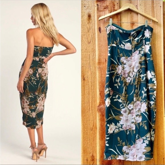 🌿 Green and Blush Floral Strapless Sweetheart Tulip Midi Dress 🌿 - Picture 3 of 10